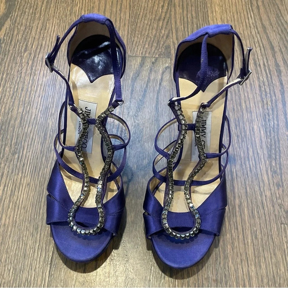 Jimmy Choo Strappy Crystal Embellished Sandals in Purple Satin - Picture 3 of 16
